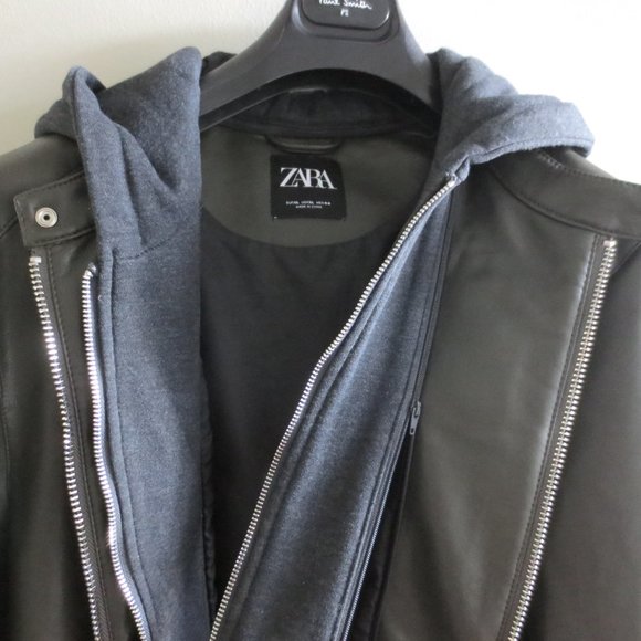 ZARA MAN DOUBLE ZIP LEATHER JACKET W/DETACHABLE HOOD - Picture 9 of 11